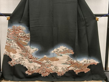 平和屋着物■豪華黒留袖 渡橋風景文 暈し染め 金彩 正絹 逸品 BAAX5406mz