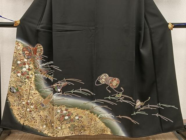 平和屋着物■豪華黒留袖 刺繍 楽器花文 暈し染め 金彩 正絹 逸品 BAAX5408mz