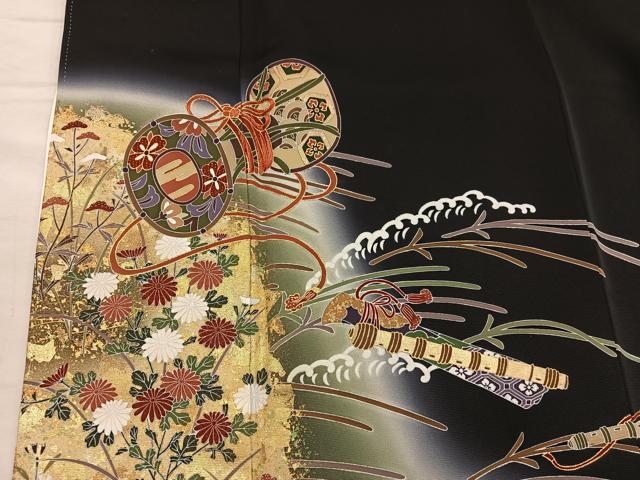 平和屋着物■豪華黒留袖 刺繍 楽器花文 暈し染め 金彩 正絹 逸品 BAAX5408mz