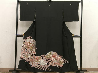 平和屋着物■豪華黒留袖 駒刺繍 地紙花文 正絹 逸品 BAAX5410mz