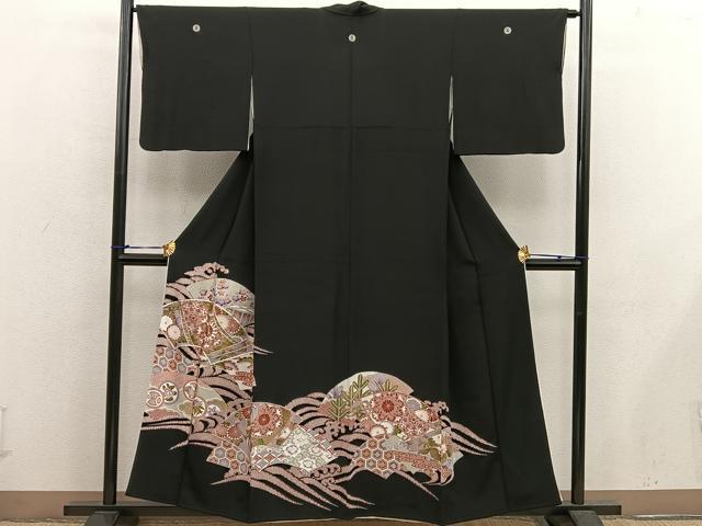 平和屋着物■豪華黒留袖 駒刺繍 地紙花文 正絹 逸品 BAAX5410mz