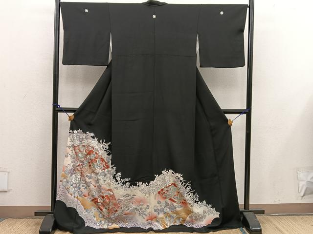 平和屋着物■豪華黒留袖 駒刺繍 檜扇花鳥文 暈し染め 金彩 正絹 逸品 BAAX5411mz