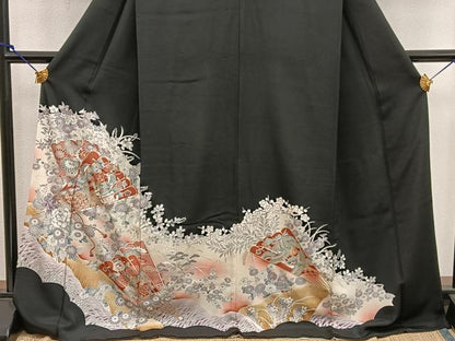 平和屋着物■豪華黒留袖 駒刺繍 檜扇花鳥文 暈し染め 金彩 正絹 逸品 BAAX5411mz