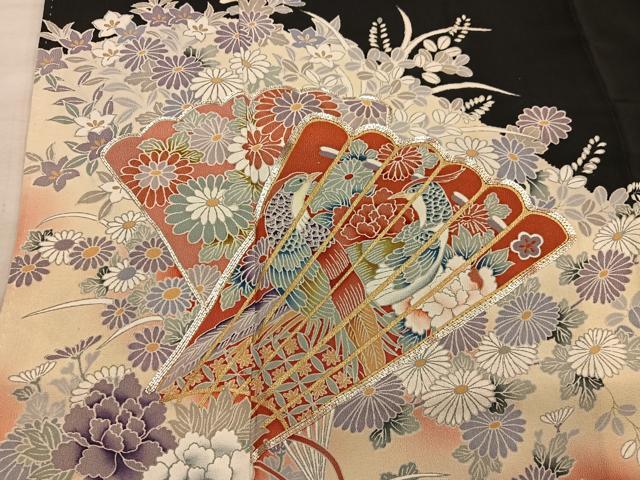 平和屋着物■豪華黒留袖 駒刺繍 檜扇花鳥文 暈し染め 金彩 正絹 逸品 BAAX5411mz