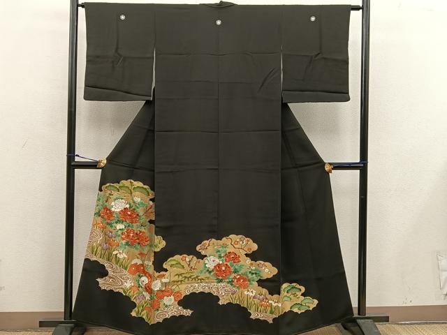 平和屋着物■豪華黒留袖 刺繍 牡丹花文 金彩 正絹 逸品 BAAX5412mz