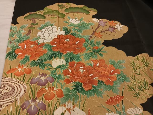 平和屋着物■豪華黒留袖 刺繍 牡丹花文 金彩 正絹 逸品 BAAX5412mz