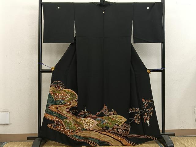 平和屋着物■豪華黒留袖 駒刺繍 地紙重ね風景花文 さが美扱い 正絹 逸品 BAAX5416mz