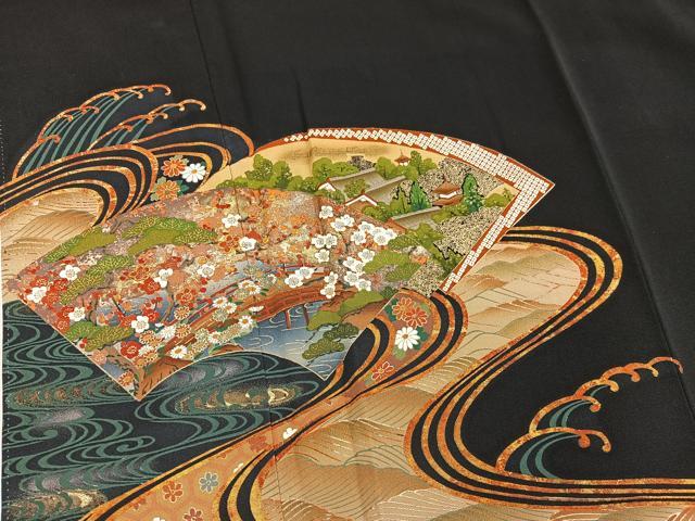 平和屋着物■豪華黒留袖 駒刺繍 地紙重ね風景花文 さが美扱い 正絹 逸品 BAAX5416mz
