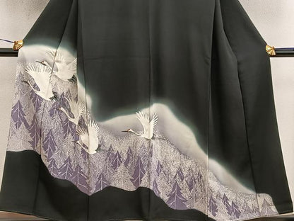 平和屋着物■豪華黒留袖　刺繍　飛鶴文　暈し染め　金糸　正絹　逸品　BAAX5423mz