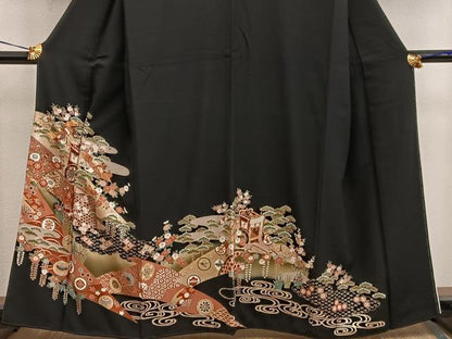 平和屋着物■豪華黒留袖 駒刺繍 御所車飛鶴文 暈し染め 金彩 正絹 逸品 BAAX5424mz