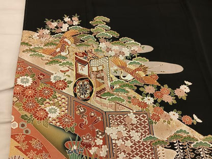 平和屋着物■豪華黒留袖 駒刺繍 御所車飛鶴文 暈し染め 金彩 正絹 逸品 BAAX5424mz