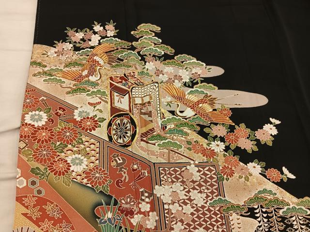 平和屋着物■豪華黒留袖 駒刺繍 御所車飛鶴文 暈し染め 金彩 正絹 逸品 BAAX5424mz