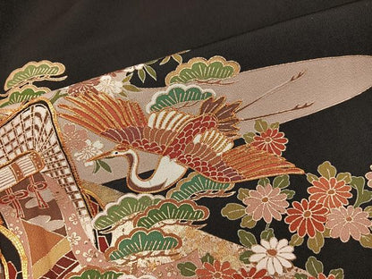 平和屋着物■豪華黒留袖 駒刺繍 御所車飛鶴文 暈し染め 金彩 正絹 逸品 BAAX5424mz