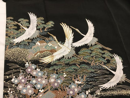 平和屋着物■豪華黒留袖　駒刺繍　飛鶴風景文　金彩　正絹　逸品　BAAX5426mz
