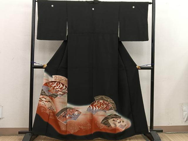 平和屋着物■豪華黒留袖 地紙重ね飛鶴花文 暈し染め 金彩 正絹 逸品 BAAX5428mz