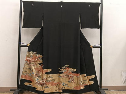 平和屋着物■豪華黒留袖　駒刺繍　御所車風景花文　金彩　正絹　逸品　BAAX5429mz