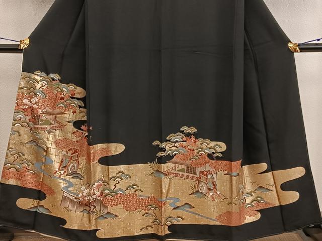 平和屋着物■豪華黒留袖　駒刺繍　御所車風景花文　金彩　正絹　逸品　BAAX5429mz