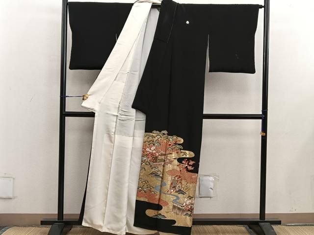 平和屋着物■豪華黒留袖　駒刺繍　御所車風景花文　金彩　正絹　逸品　BAAX5429mz