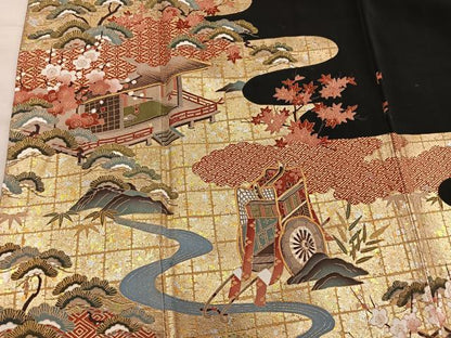 平和屋着物■豪華黒留袖　駒刺繍　御所車風景花文　金彩　正絹　逸品　BAAX5429mz