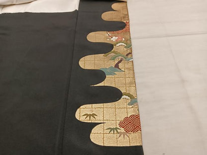 平和屋着物■豪華黒留袖　駒刺繍　御所車風景花文　金彩　正絹　逸品　BAAX5429mz
