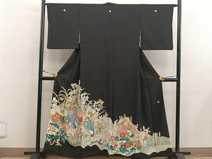 平和屋着物■豪華黒留袖 友禅 作家物 群鶴牡丹花文 正絹 逸品 BAAX5434mz