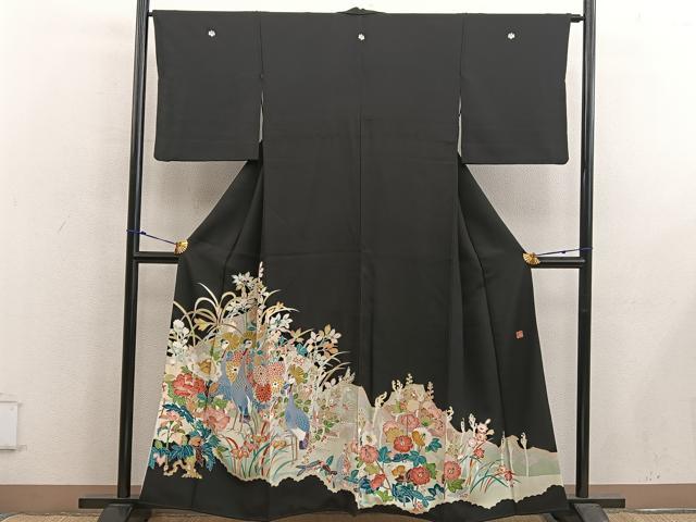 平和屋着物■豪華黒留袖 友禅 作家物 群鶴牡丹花文 正絹 逸品 BAAX5434mz