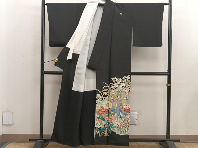 平和屋着物■豪華黒留袖 友禅 作家物 群鶴牡丹花文 正絹 逸品 BAAX5434mz