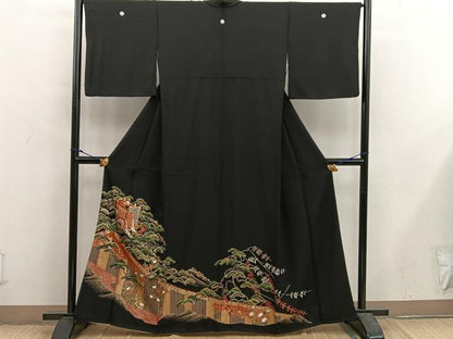 平和屋着物■豪華黒留袖　駒刺繍　御所車松文　金彩　正絹　逸品　BAAX5452mz