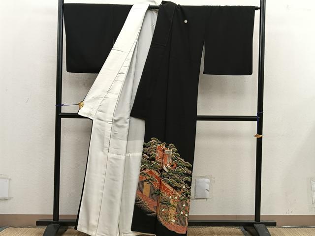 平和屋着物■豪華黒留袖　駒刺繍　御所車松文　金彩　正絹　逸品　BAAX5452mz