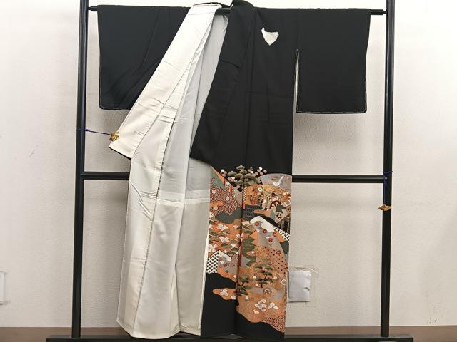 平和屋着物■豪華黒留袖 駒刺繍 地紙重ね飛鶴御所車花文 金彩 正絹 逸品 BAAX5461mz
