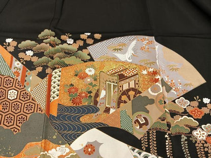 平和屋着物■豪華黒留袖 駒刺繍 地紙重ね飛鶴御所車花文 金彩 正絹 逸品 BAAX5461mz