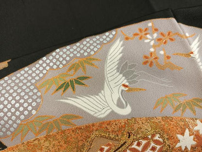 平和屋着物■豪華黒留袖 駒刺繍 地紙重ね飛鶴御所車花文 金彩 正絹 逸品 BAAX5461mz