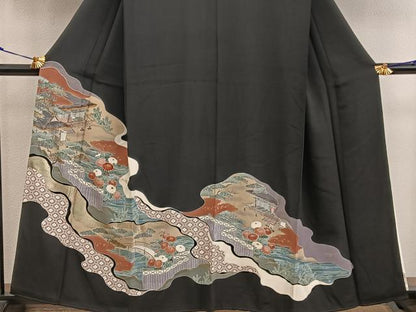 平和屋着物■豪華黒留袖 刺繍 風景花文 金彩 正絹 逸品 BAAX5463mz