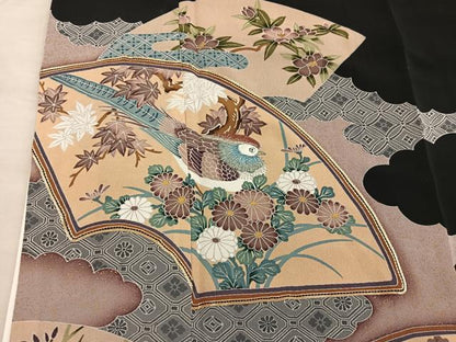 平和屋着物■豪華黒留袖 駒刺繍 地紙重ね七宝花鳥文 正絹 逸品 BAAX5465mz