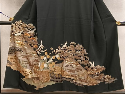 平和屋着物■豪華黒留袖 駒刺繍 飛鶴風景文 金彩 正絹 逸品 BAAX5467mz
