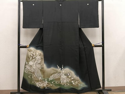 平和屋着物■豪華黒留袖　刺繍　孔雀花文　暈し染め　金彩　正絹　逸品　BAAX5493mz