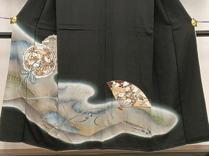 平和屋着物■豪華黒留袖 駒刺繍 鏡裏鳳凰花文 暈し染め 金彩 正絹 逸品 BAAX5496mz