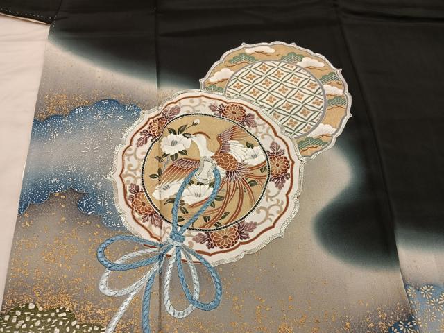 平和屋着物■豪華黒留袖 駒刺繍 鏡裏鳳凰花文 暈し染め 金彩 正絹 逸品 BAAX5496mz