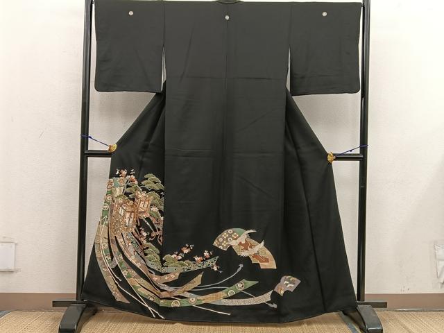 平和屋着物■豪華黒留袖　駒刺繍　御所車花文　正絹　逸品　BAAX5499mz