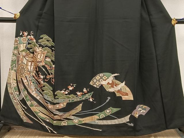 平和屋着物■豪華黒留袖　駒刺繍　御所車花文　正絹　逸品　BAAX5499mz