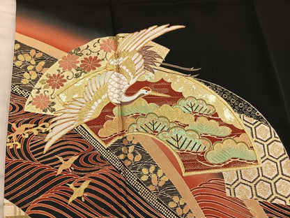 平和屋着物■豪華黒留袖 駒刺繍 地紙重ね飛鶴花文 暈し染め 金彩 正絹 逸品 BAAX5503mz