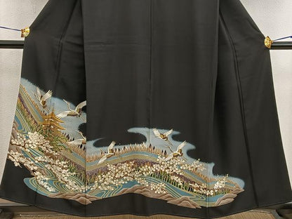平和屋着物■豪華黒留袖 飛鶴風景花文 暈し染め 金彩 正絹 逸品 BAAX5504mz