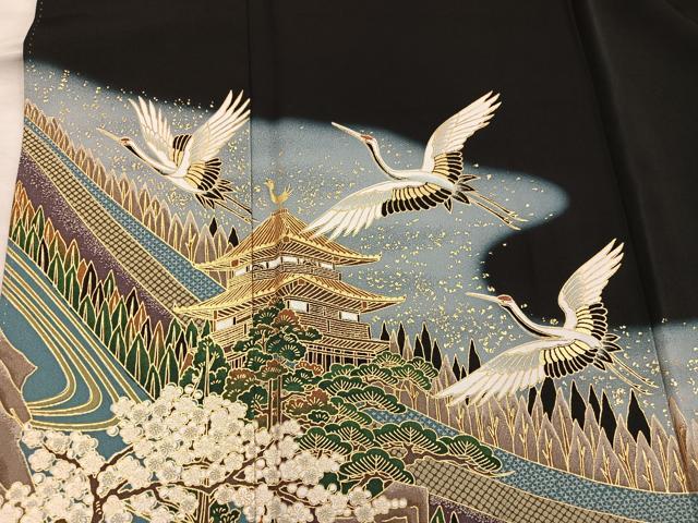 平和屋着物■豪華黒留袖 飛鶴風景花文 暈し染め 金彩 正絹 逸品 BAAX5504mz
