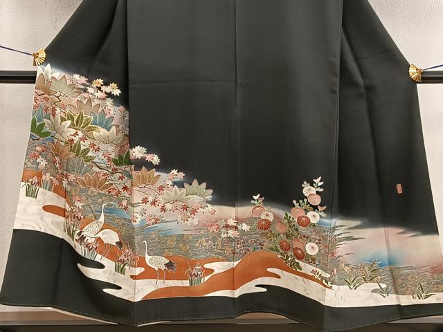 平和屋着物■豪華黒留袖 友禅 作家物 刺繍 群鶴花文 暈し染め 金彩 正絹 逸品 BAAX5507mz
