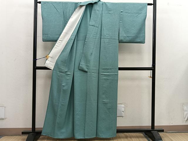 平和屋着物▽上質な色無地　単衣　霞地紋　山葵色　正絹　逸品　BAAX5526mz