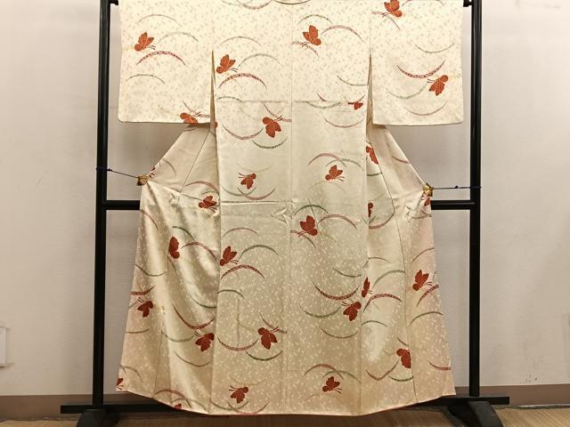 平和屋着物■上質な小紋　芝草舞蝶文　金彩　正絹　逸品　BAAX5573mz