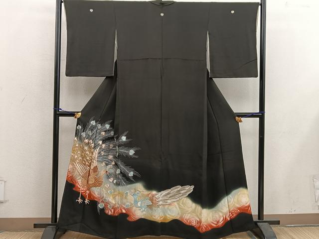 平和屋着物■豪華黒留袖 総刺繍 孔雀 暈し染め 金糸 正絹 逸品 BAAX5579mz