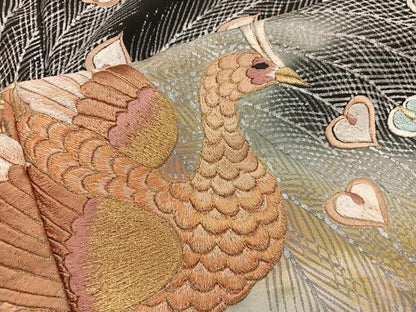 平和屋着物■豪華黒留袖 総刺繍 孔雀 暈し染め 金糸 正絹 逸品 BAAX5579mz