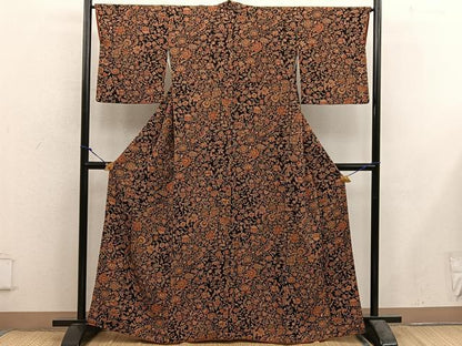平和屋着物■上質な小紋　更紗花文　黒地　鬼しぼ縮緬　正絹　逸品　BAAX5614mz