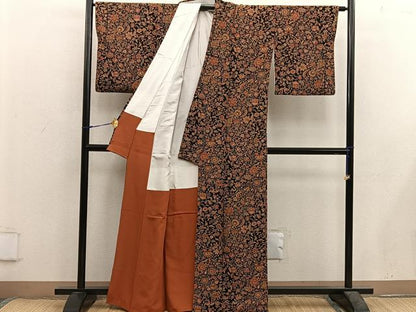平和屋着物■上質な小紋　更紗花文　黒地　鬼しぼ縮緬　正絹　逸品　BAAX5614mz